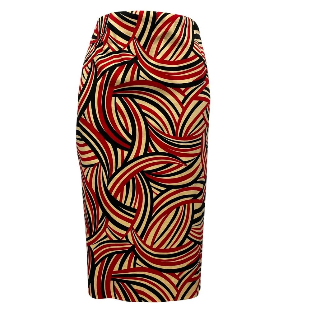 Etcetera Red Black Cream Graphic Swirl Pencil Skirt Size 12 Cotton Blend Stretch